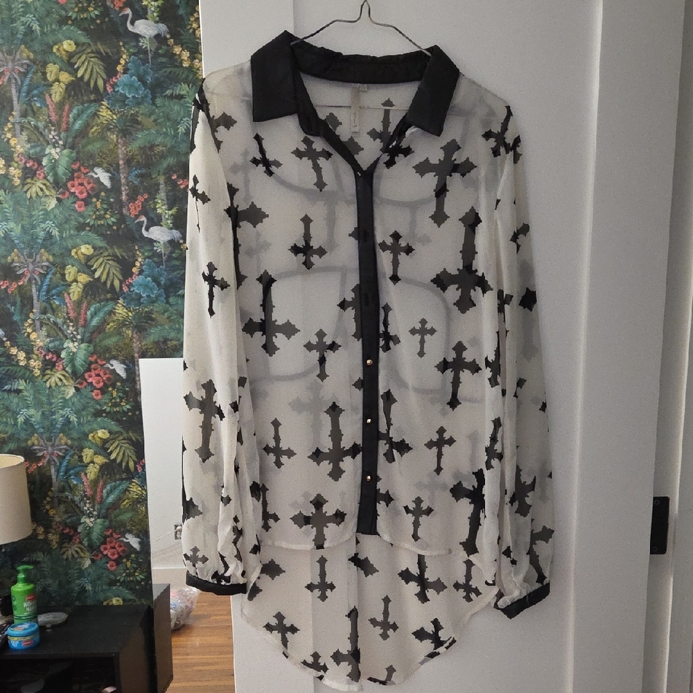 Sheer Black and White Cross Blouse